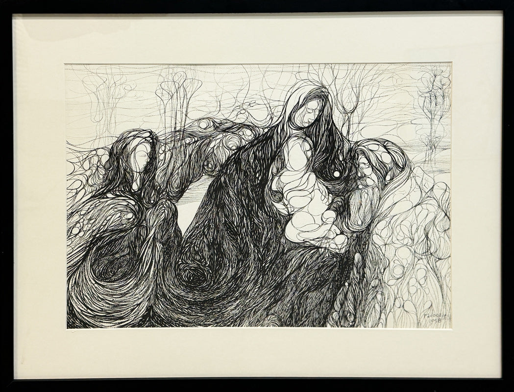 ALBERT RADOCZY - Black and White Single-Hair-Brush Painting of Flores in Overall Web-design - Oil on Paper - 1958