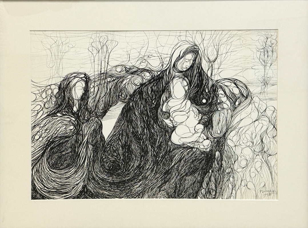 ALBERT RADOCZY - Black and White Single-Hair-Brush Painting of Flores in Overall Web-design - Oil on Paper - 1958
