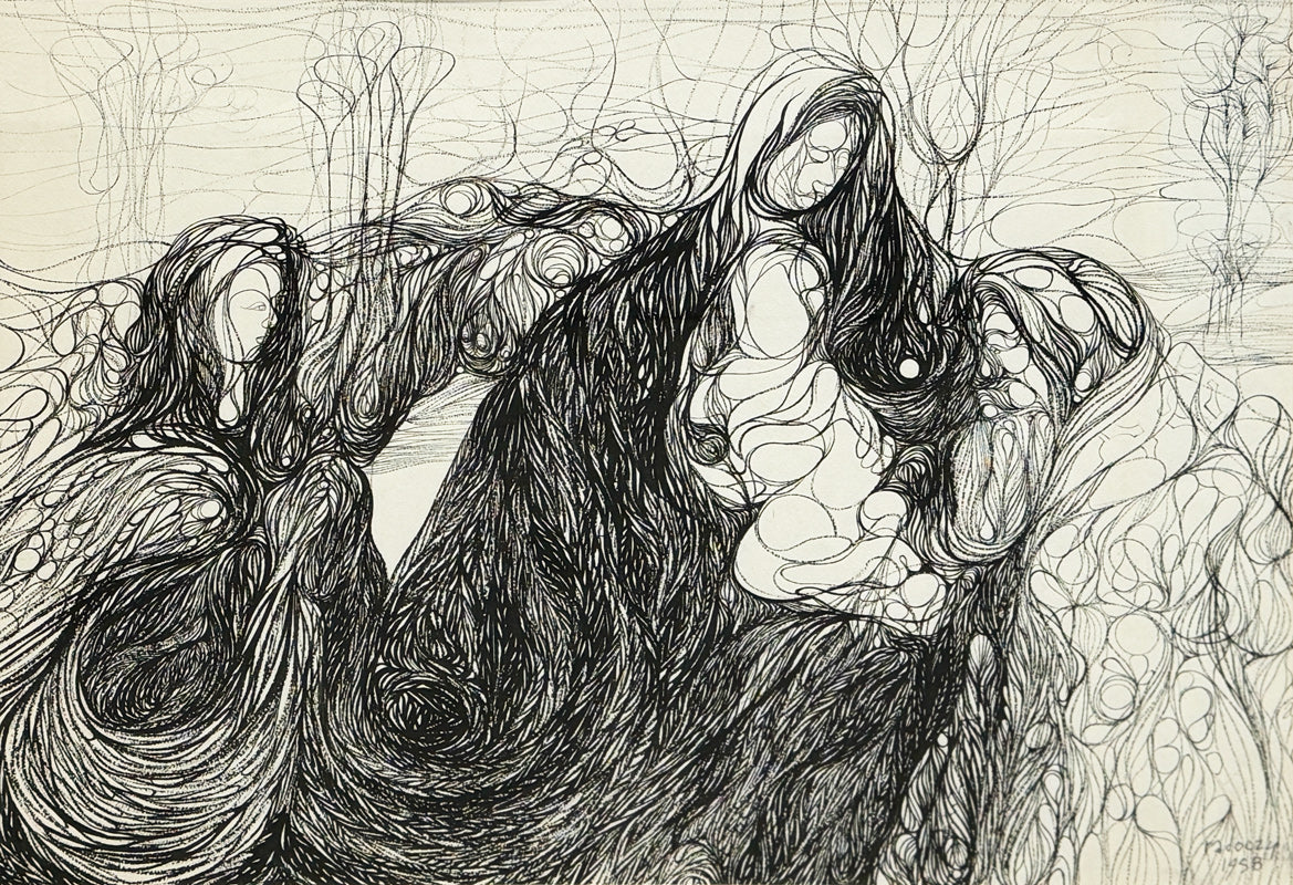 ALBERT RADOCZY - Black and White Single-Hair-Brush Painting of Flores in Overall Web-design - Oil on Paper - 1958