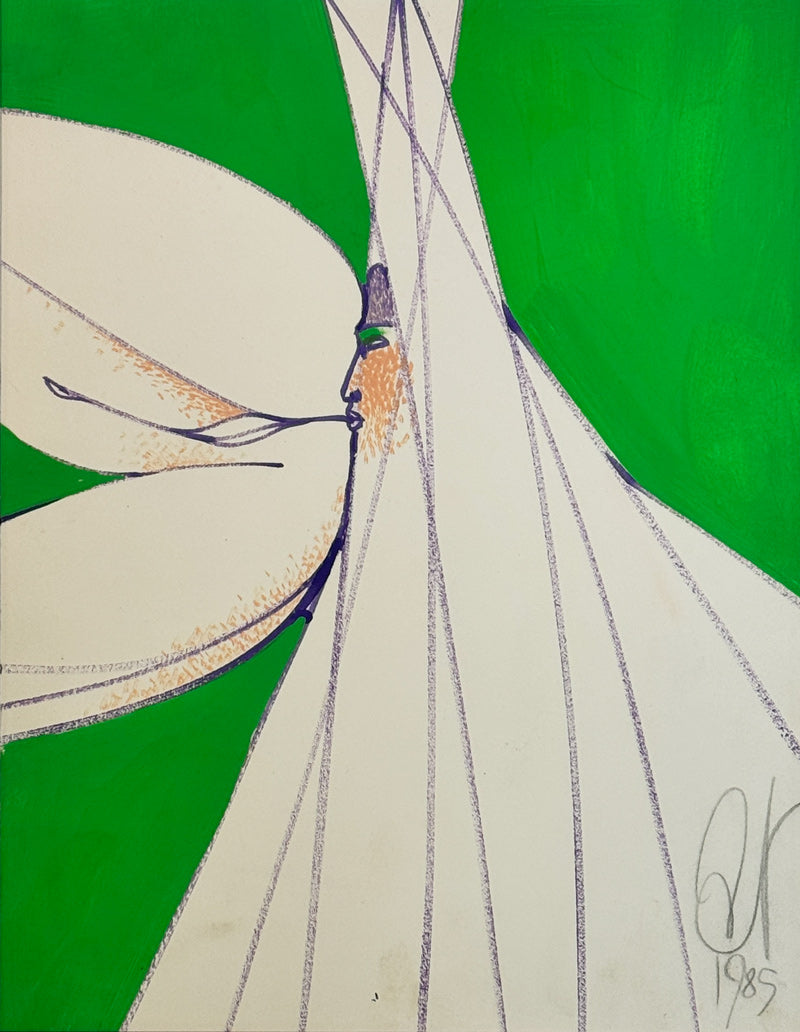 ALBERT RADOCZY - Erotic Scene with Albert and the Goddess with Green Background - Oil on Paper - 14"x11" - 1989