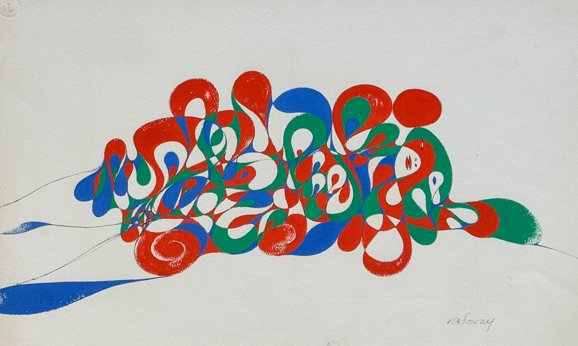 ALBERT-RADOCZY - Flores Reclining in Multiple Color waves Design - Oil on Paper - 14"x11" - 1960