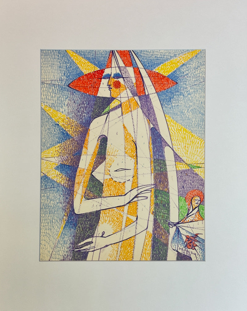 ALBERT RADOCZY - Flores Standing in Red Hat and Multi Brush Strokes and Vignette - Oil on Paper - 14"x11" - 1990