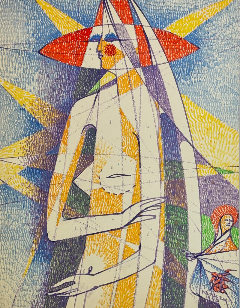 ALBERT RADOCZY - Flores Standing in Red Hat and Multi Brush Strokes and Vignette - Oil on Paper - 14"x11" - 1990