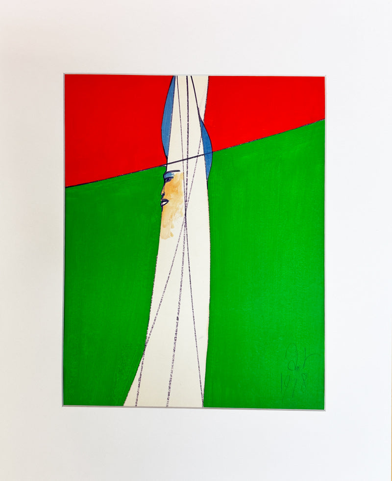 ALBERT RADOCZY - Flores Standing in Red Hat with Green Background - Oil on Paper - 14"x11" - 1978
