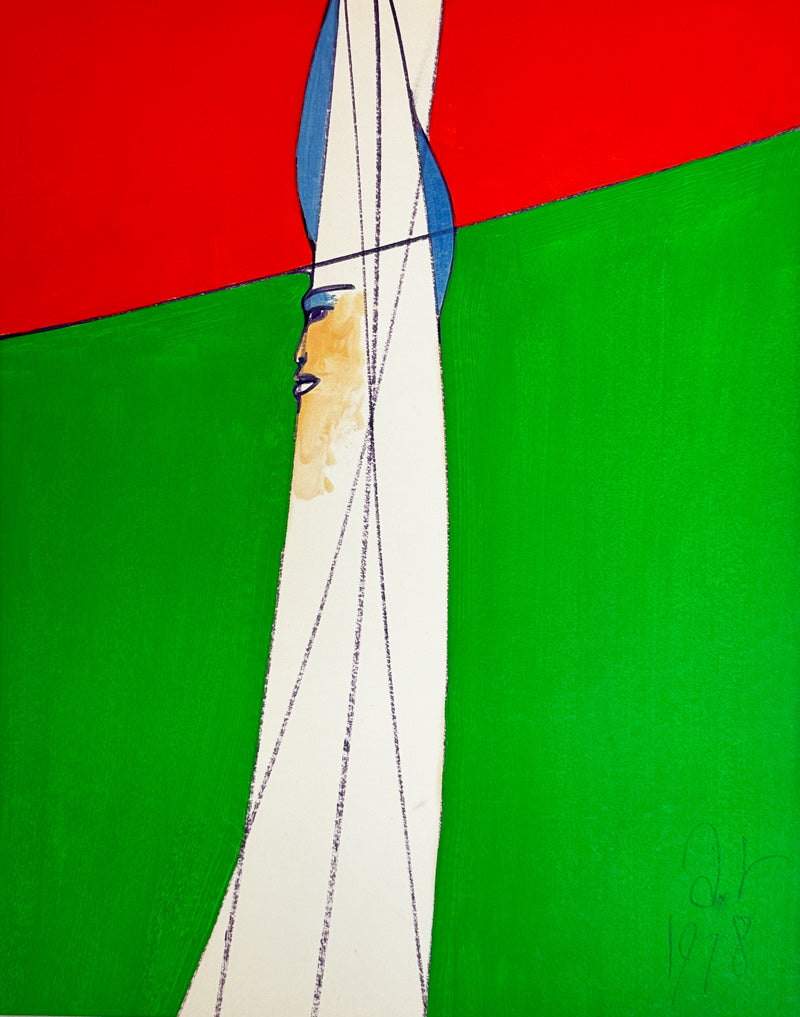 ALBERT RADOCZY - Flores Standing in Red Hat with Green Background - Oil on Paper - 14"x11" - 1978
