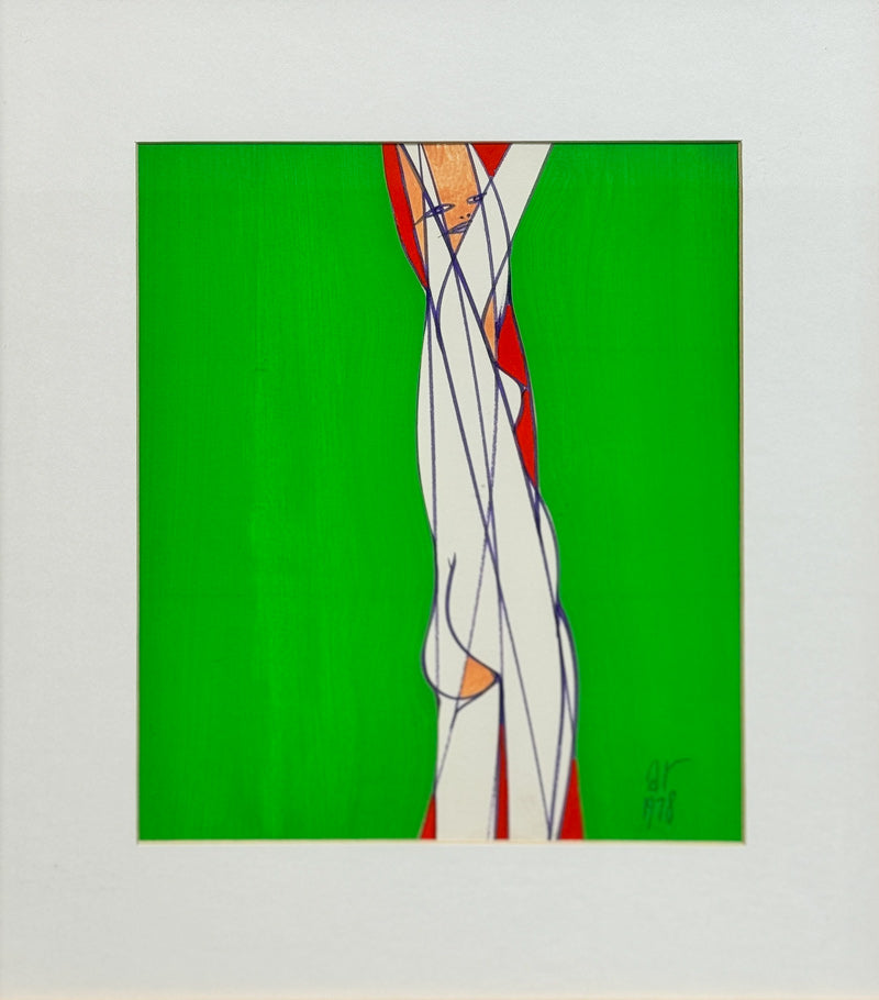 ALBERT RADOCZY - Flores Standing with Sacred Geometry in the Green Background - Oil on Paper - 14"x11" - 1978