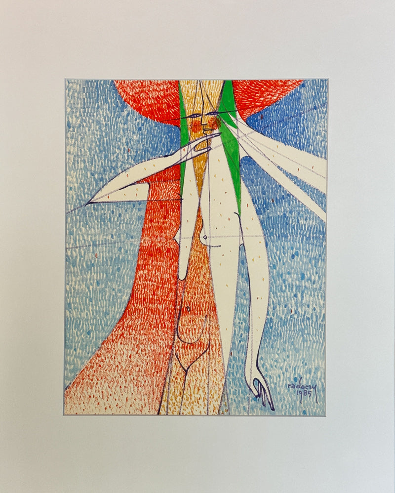 ALBERT RADOCZY - Flores Standing in Sacred Geometry in Red Hat with Multi Brush Strokes - Oil on Paper - 14"x11" - 1985