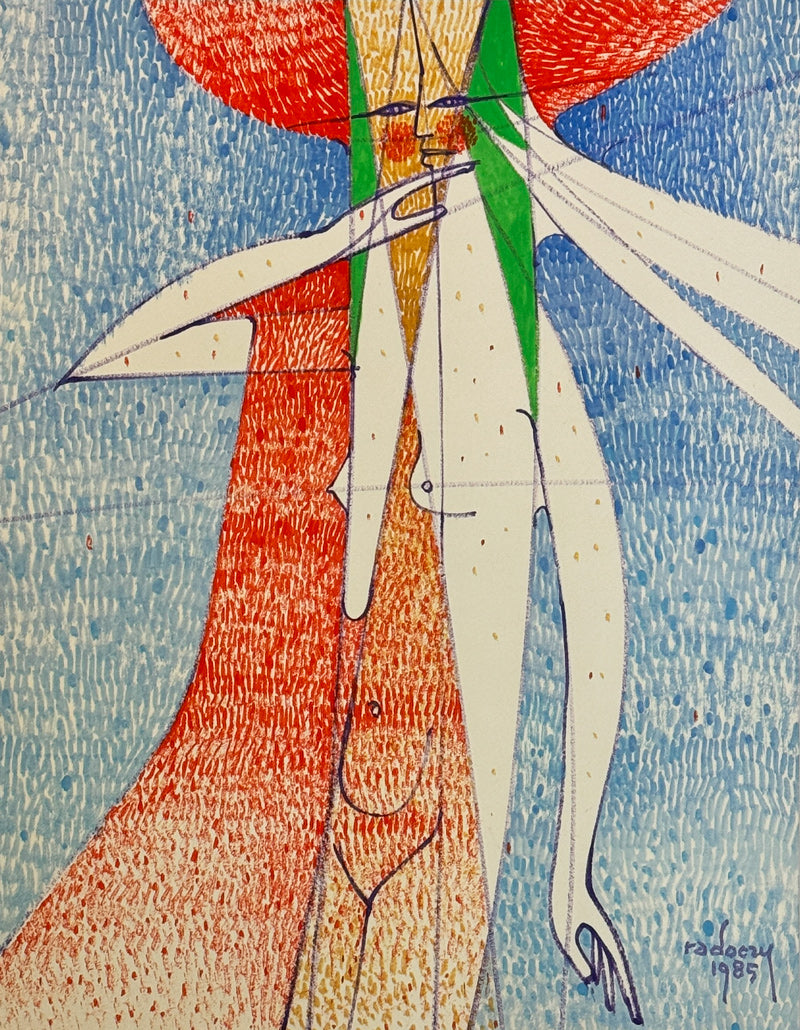 ALBERT RADOCZY - Flores Standing in Sacred Geometry in Red Hat with Multi Brush Strokes - Oil on Paper - 14"x11" - 1985
