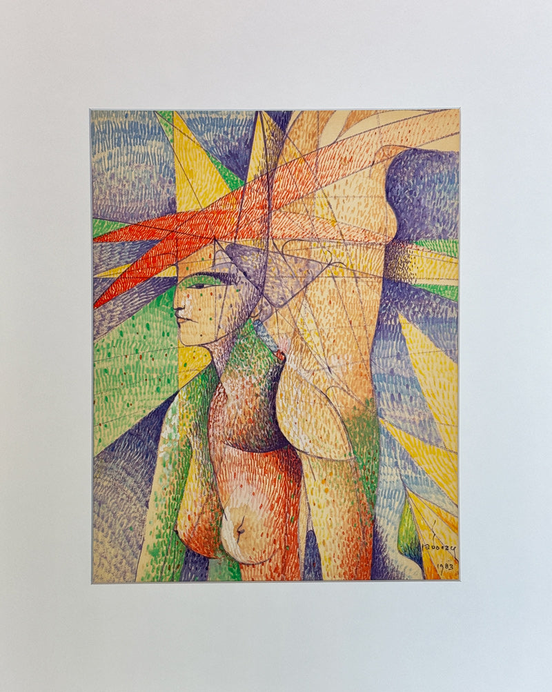 ALBERT RADOCZY - Flores in Multitude in Sacred Geometry in Red Hat with Vignette - Oil on Paper - 14"x11" - 1983