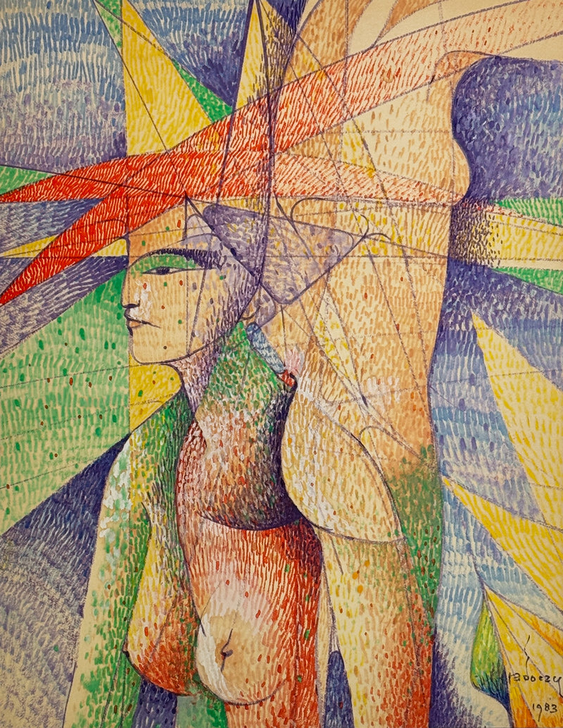 ALBERT RADOCZY - Flores in Multitude in Sacred Geometry in Red Hat with Vignette - Oil on Paper - 14"x11" - 1983