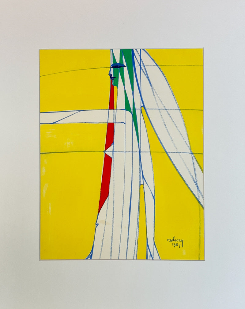 ALBERT RADOCZY - Flores Long Hair in Sacred Geometry with Yellow Background - Oil on Paper - 14"x11" - 1987