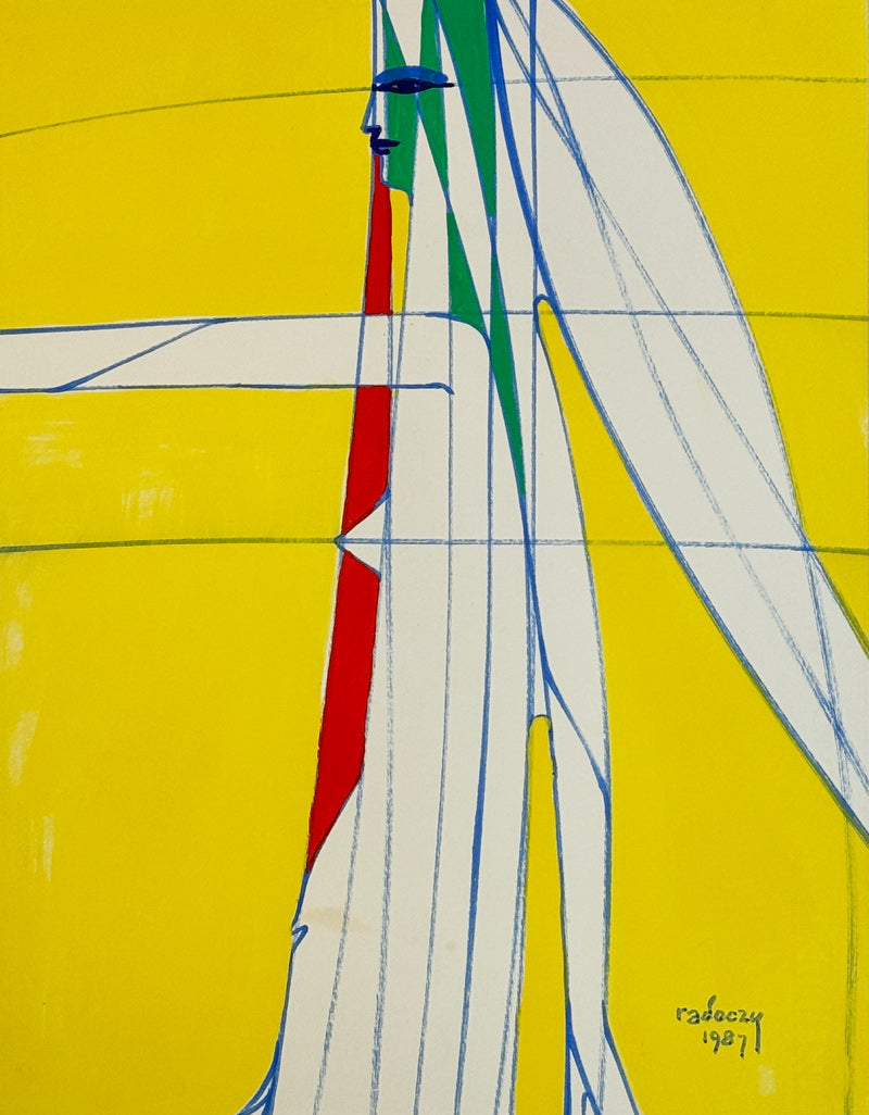 ALBERT RADOCZY - Flores Long Hair in Sacred Geometry with Yellow Background - Oil on Paper - 14"x11" - 1987
