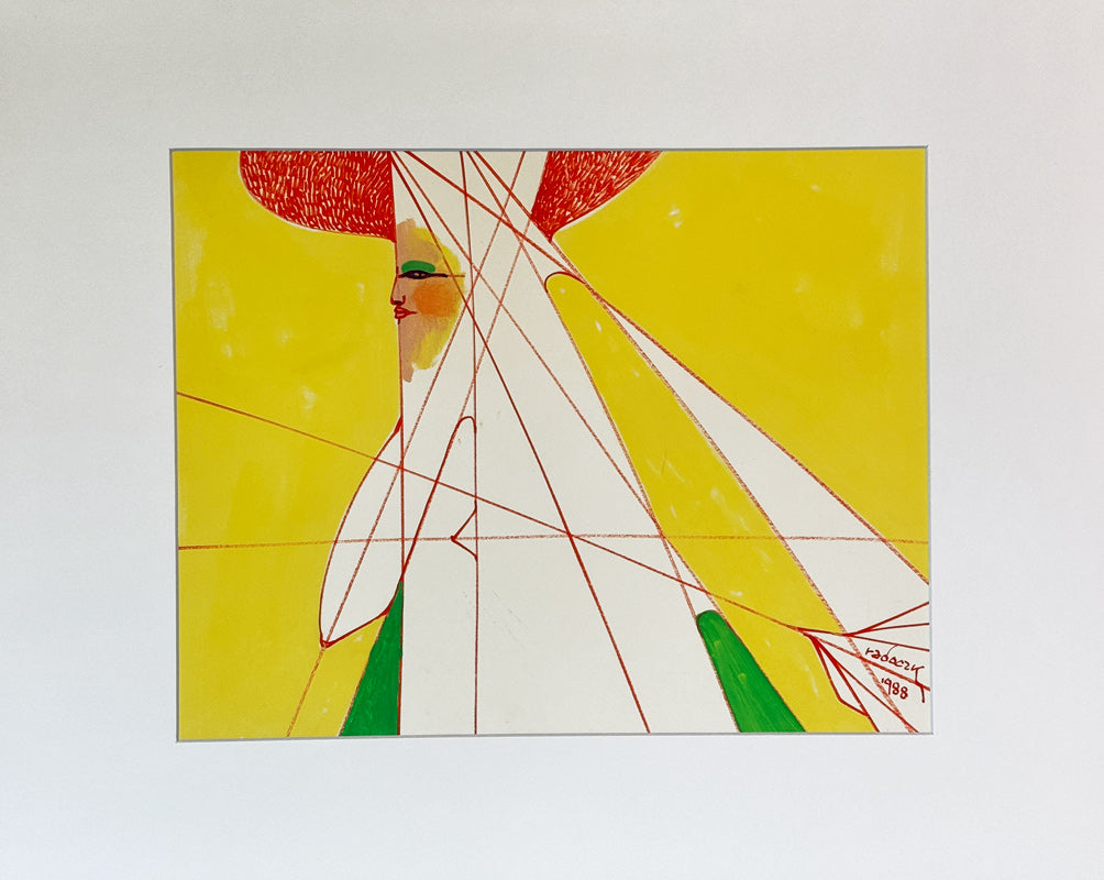 ALBERT RADOCZY - Flores with yellow Background in Red Hat in Sacred Geometry - Oil on Paper - 11"x14" - 1988