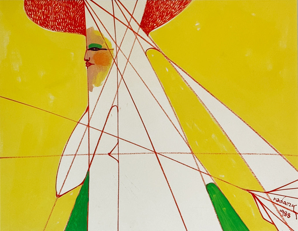 ALBERT RADOCZY - Flores with yellow Background in Red Hat in Sacred Geometry - Oil on Paper - 11"x14" - 1988
