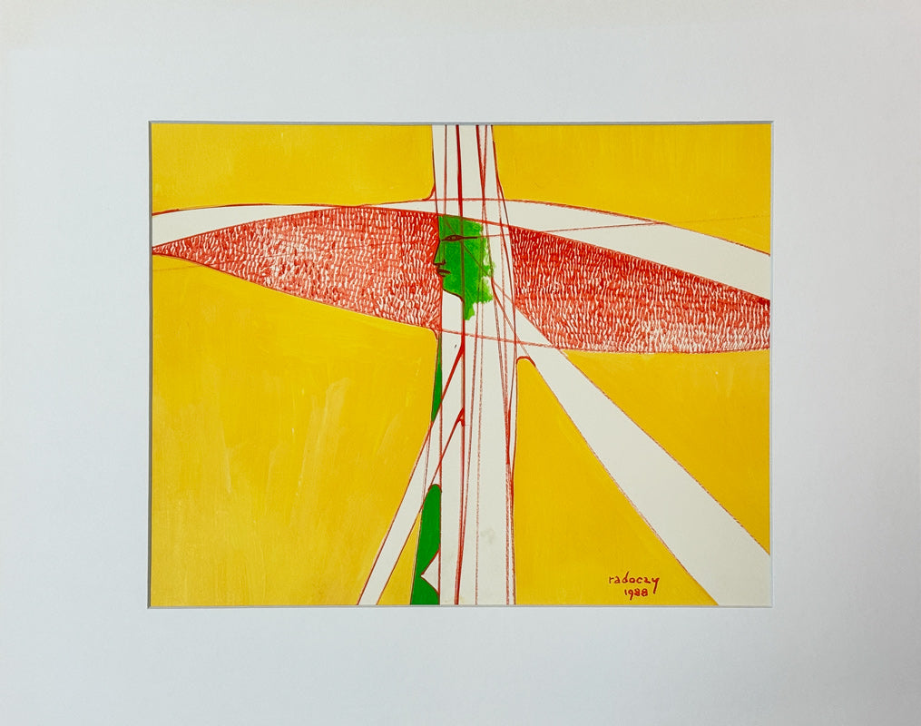 ALBERT RADOCZY - Flores Standing in Red Hat and Yellow Background - Oil on Paper - 11"x14" - 1988