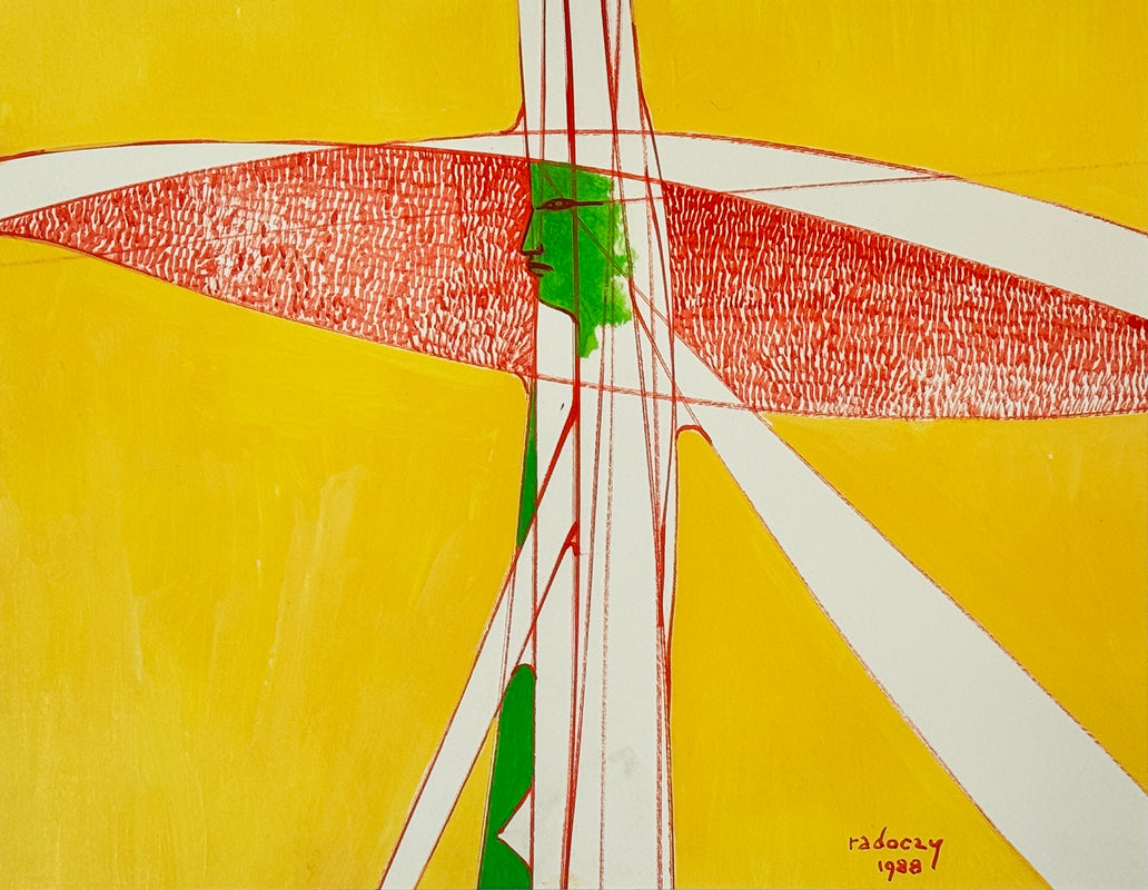 ALBERT RADOCZY - Flores Standing in Red Hat and Yellow Background - Oil on Paper - 11"x14" - 1988