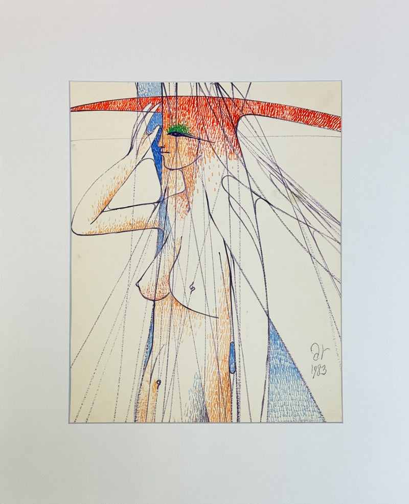 ALBERT RADOCZY - Flores Standing in Red Hat in Sacred Geometry - Oil on Paper - 14"x11" - 1983