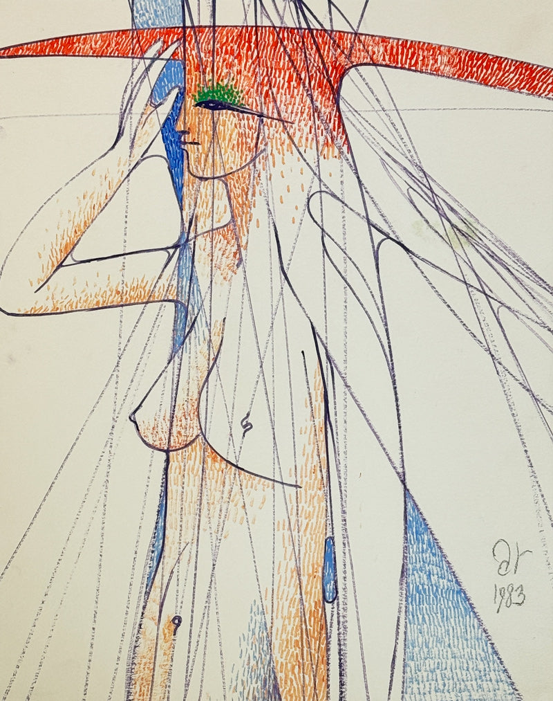 ALBERT RADOCZY - Flores Standing in Red Hat in Sacred Geometry - Oil on Paper - 14"x11" - 1983
