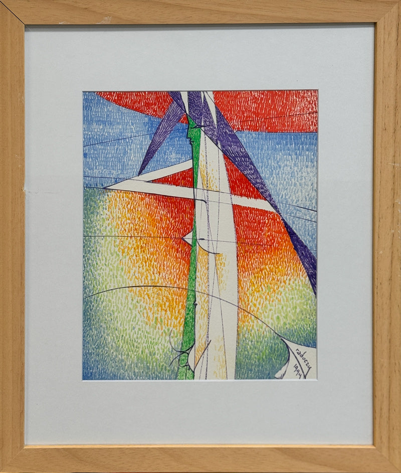 ALBERT RADOCZY - Flores Standing in Red Hat in Multicolored Brush Strokes and Sacred Geometry - Oil on Paper - 14"x11" - 1999
