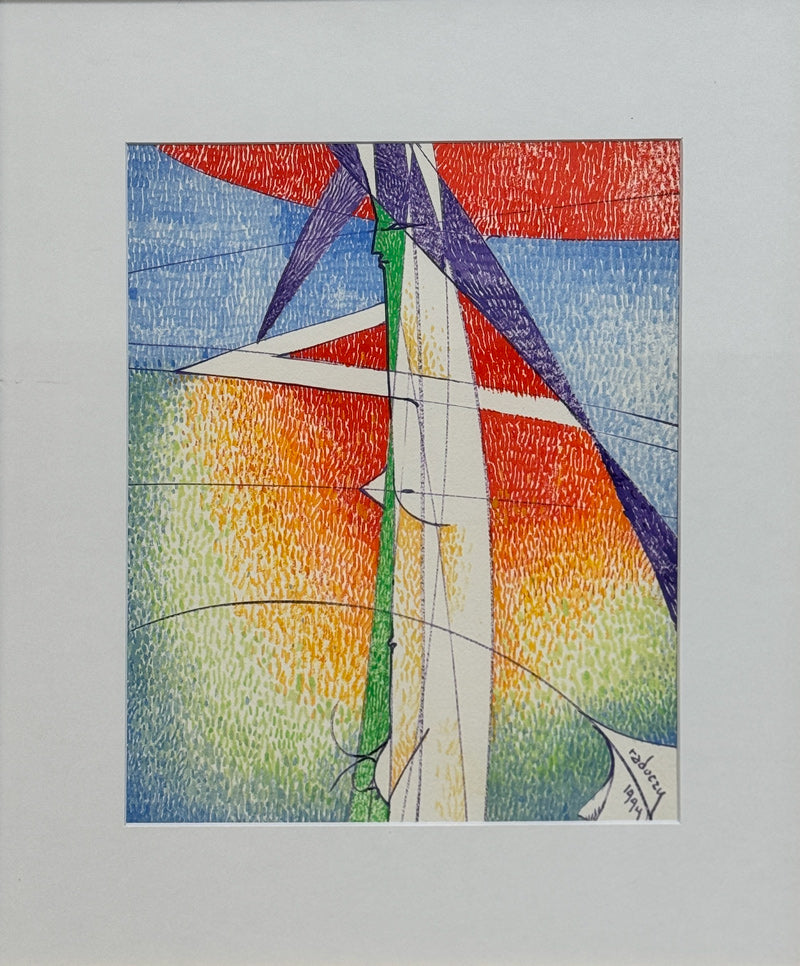 ALBERT RADOCZY - Flores Standing in Red Hat in Multicolored Brush Strokes and Sacred Geometry - Oil on Paper - 14"x11" - 1999