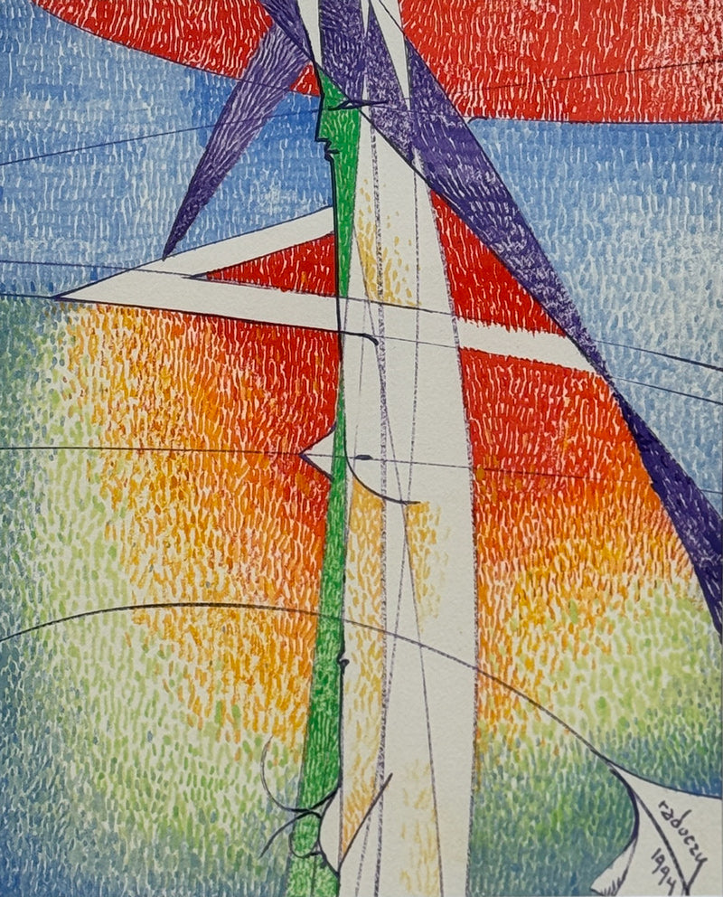 ALBERT RADOCZY - Flores Standing in Red Hat in Multicolored Brush Strokes and Sacred Geometry - Oil on Paper - 14"x11" - 1999