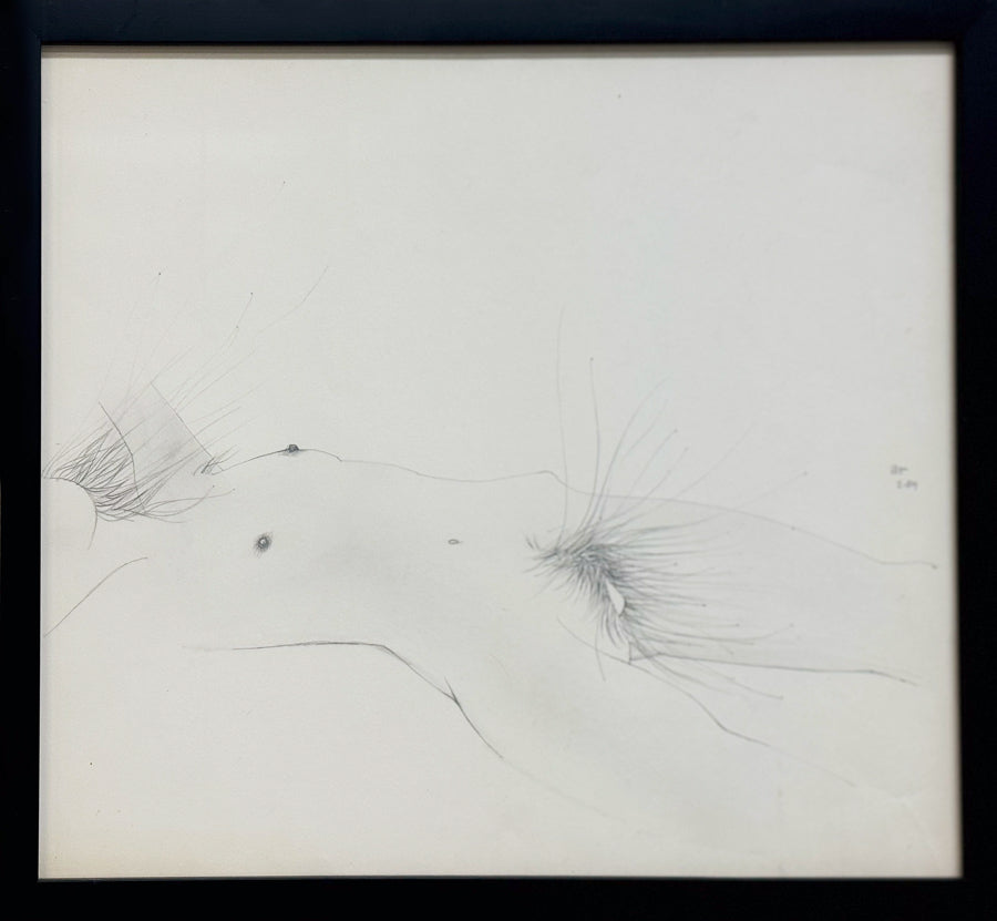ALBERT RADOCZY - Reclining Portrait of Flores with a Single Hair Brush and Lower Extremity Energy Lines - Single Brush Oil on Paper - 13"x16" - 1959