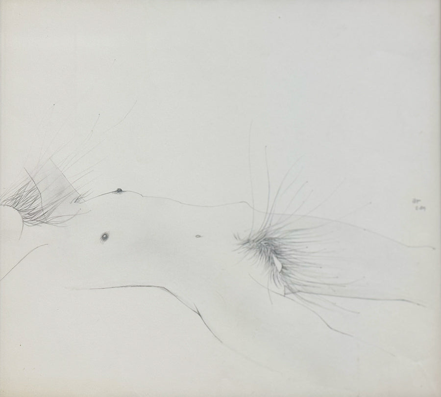ALBERT RADOCZY - Reclining Portrait of Flores with a Single Hair Brush and Lower Extremity Energy Lines - Single Brush Oil on Paper - 13"x16" - 1959
