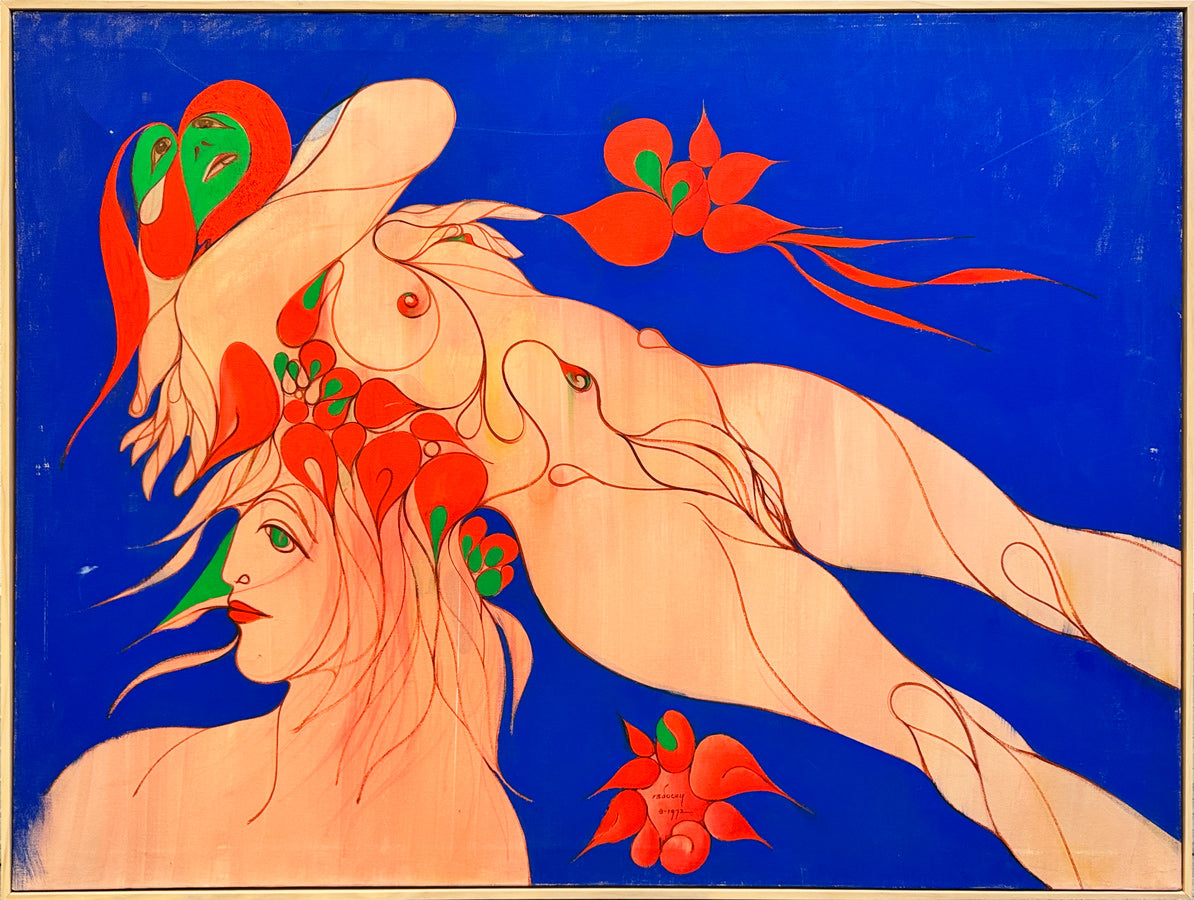 ALBERT RADOCZY - Sensual Double Portrait of Flores Reclining in Wave and Floral Design - Oil on Canvas - 36"x48" - 1972