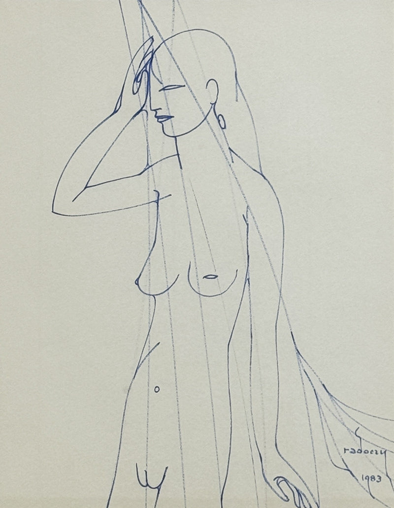 ALBERT RADOCZY - Flores Standing in Sacred Geometry, Single-Hair-Brush Oil on Paper #2 - 14"x11" - 1983