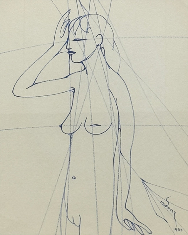 ALBERT RADOCZY - Flores in Sacred Geometry Style #1 - Single Hair Brush Oil on Paper - 14"x11" - 1983