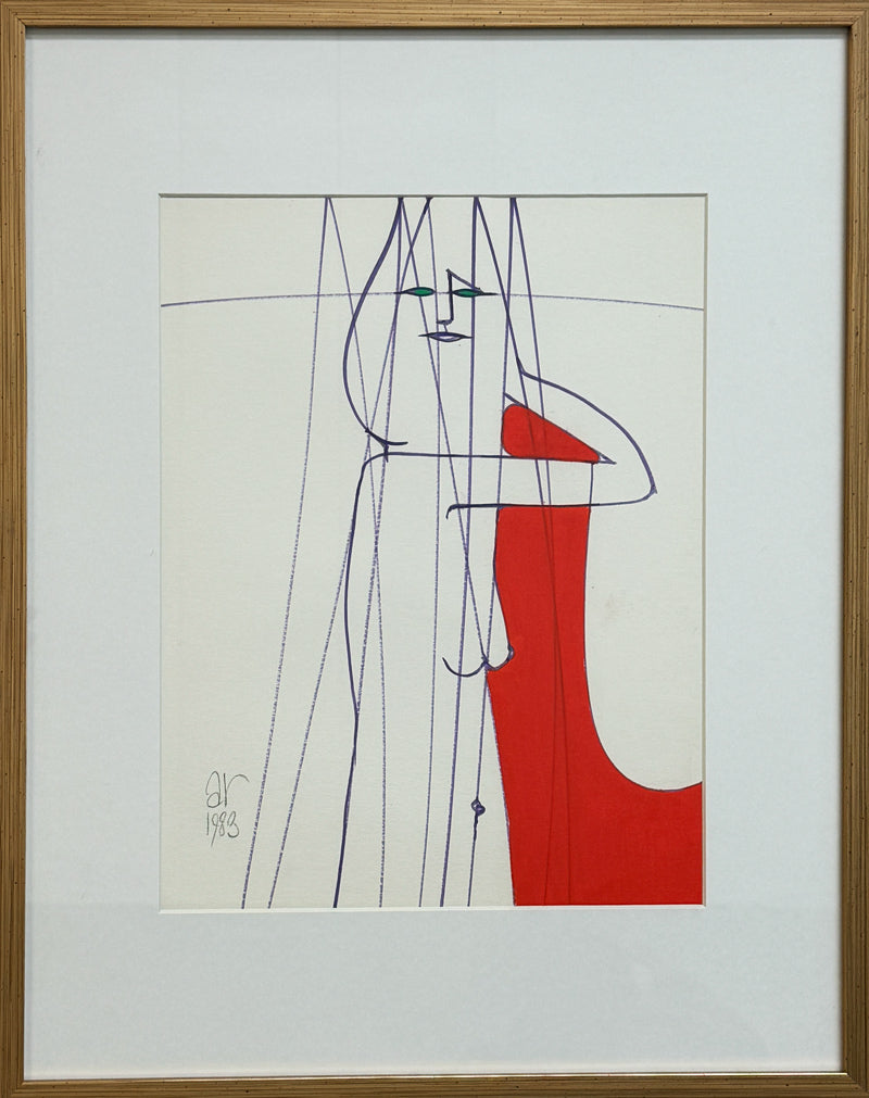 ALBERT RADOCZY - Standing Flores in Sacred Geometry and a Red Panel - Oil on Paper - 14"x11" - 1989
