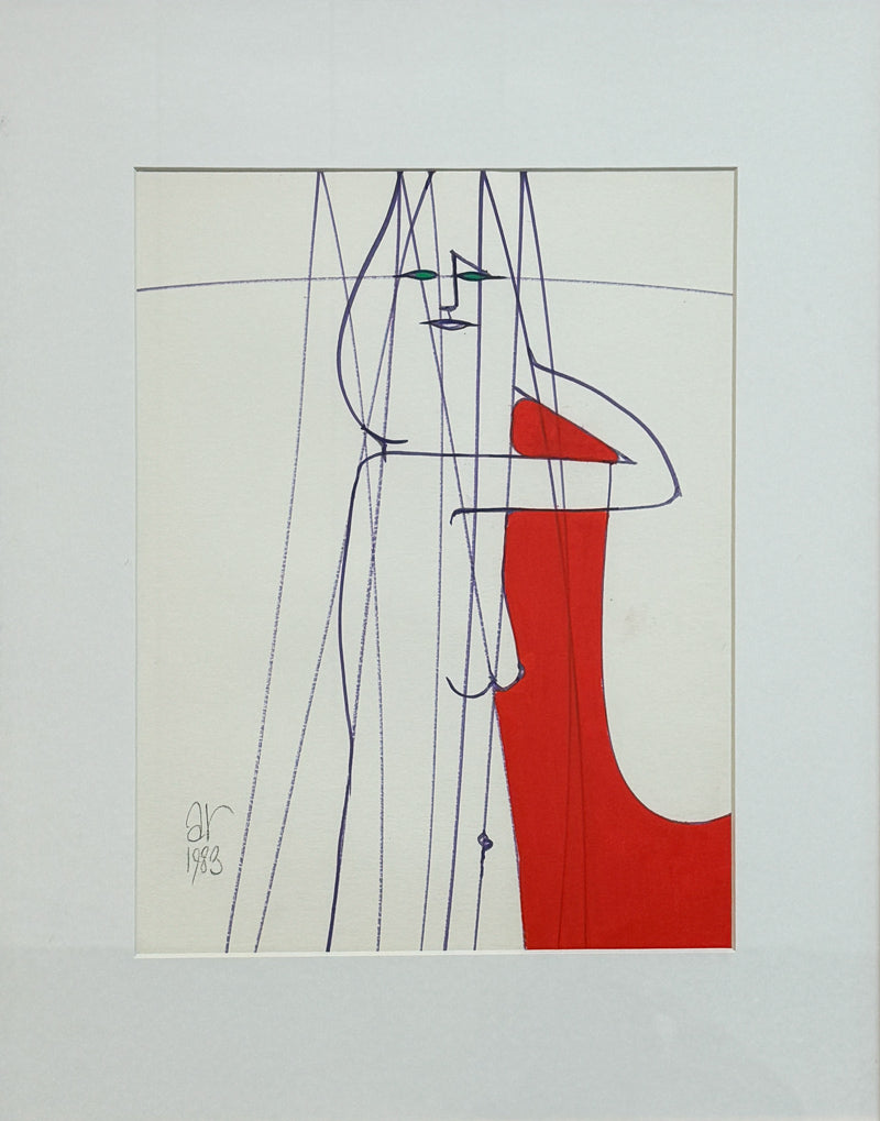 ALBERT RADOCZY - Standing Flores in Sacred Geometry and a Red Panel - Oil on Paper - 14"x11" - 1989