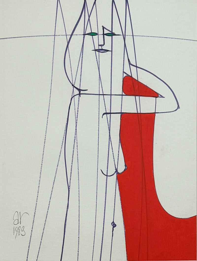 ALBERT RADOCZY - Standing Flores in Sacred Geometry and a Red Panel - Oil on Paper - 14"x11" - 1989