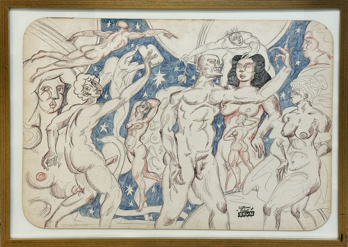 WILLIAM ROBERT BRUN - A Multitude of Nude Figures in the Psychedelic Style - 26.5"x19.5"