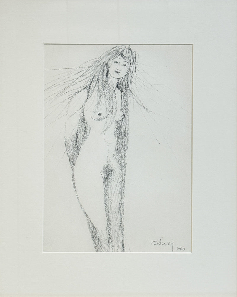 ALBERT RADOCZY - Portrait of Flores Standing with Long Hair - Led Graphite on Paper - Overall 17"x14" - 1960