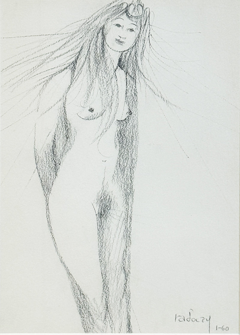 ALBERT RADOCZY - Portrait of Flores Standing with Long Hair - Led Graphite on Paper - Overall 17"x14" - 1960