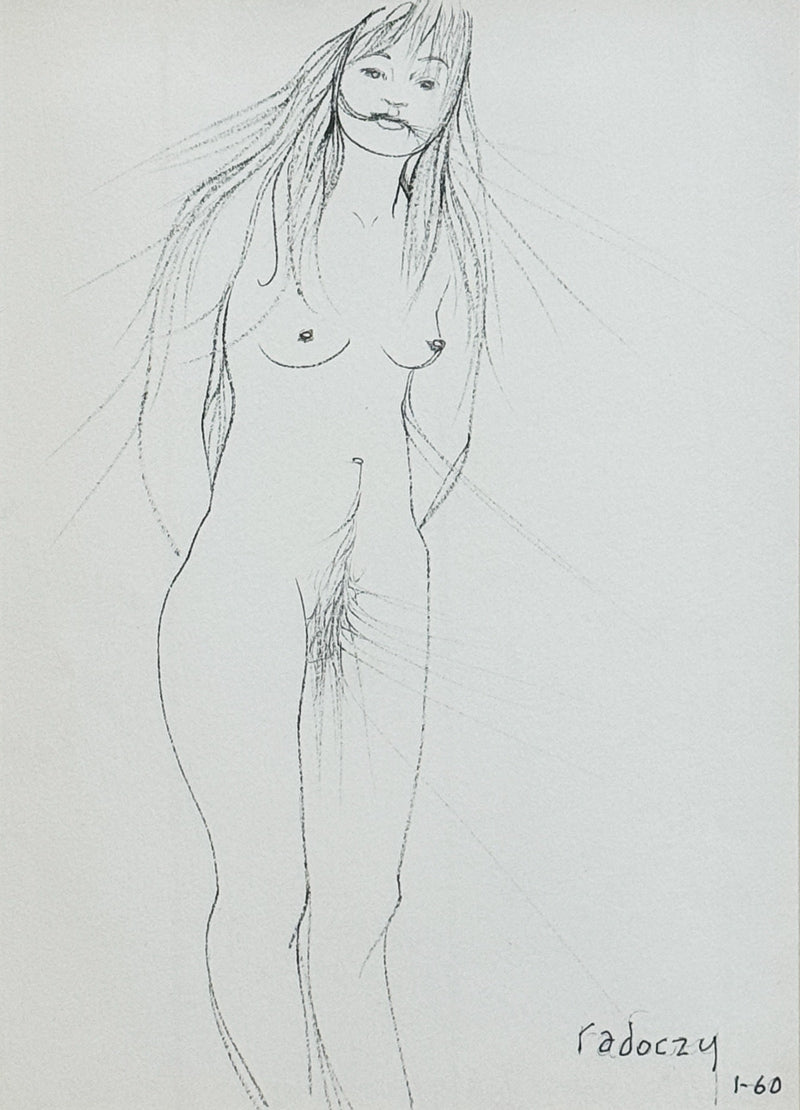 ALBERT RADOCZY - Mischievous Portrait of Flores - Single Hair Brush on Paper - Overall 17"x14" - 1960