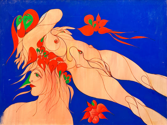 ALBERT RADOCZY - Sensual Double Portrait of Flores Reclining in Wave and Floral Design - Oil on Canvas - 36"x48" - 1972